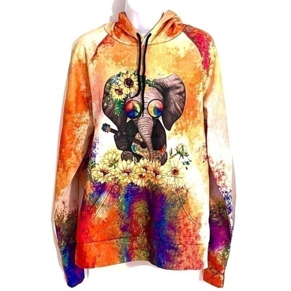 Flower Power Peace Sign Elephant Guitar Sunflower Hoodie! - Picture 1 of 6